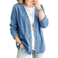 thumbnail image 2 of LEKODE V Neck Open Front Cardigan Jacket Long Sleeve Button Front Boyfriend Fit Side Pockets Casual Lightweight Shacket Blue L, 2 of 9