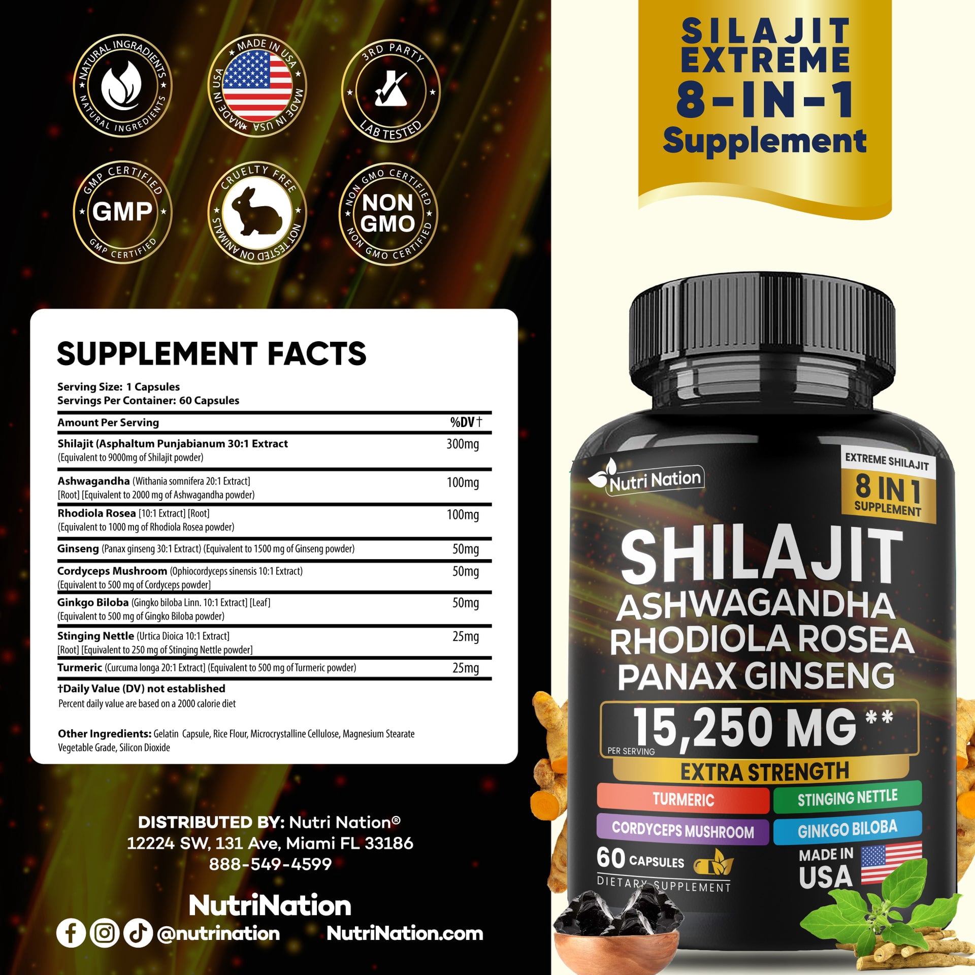 Nutri Nation Shilajit Capsules with Ashwagandha,Turmeric, Rhodiola, Ginseng, 180 Count, 3 Bottles
