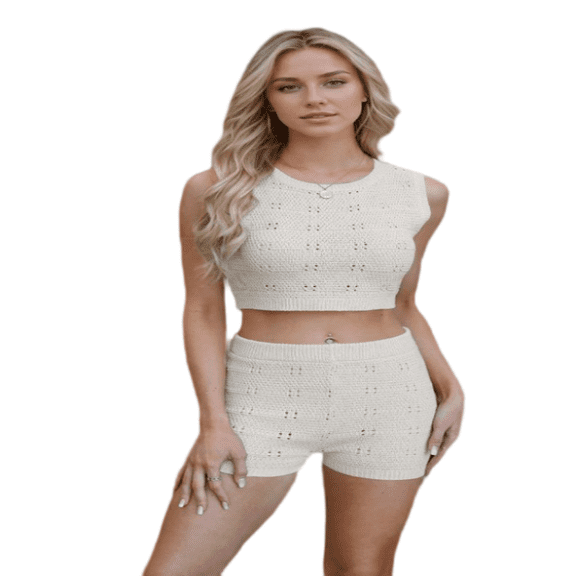 LYMAYTER Crochet Set for Women 2 Piece Summer Stretchy Crop Vest Shorts Set Boho Beach Outfits S-XL