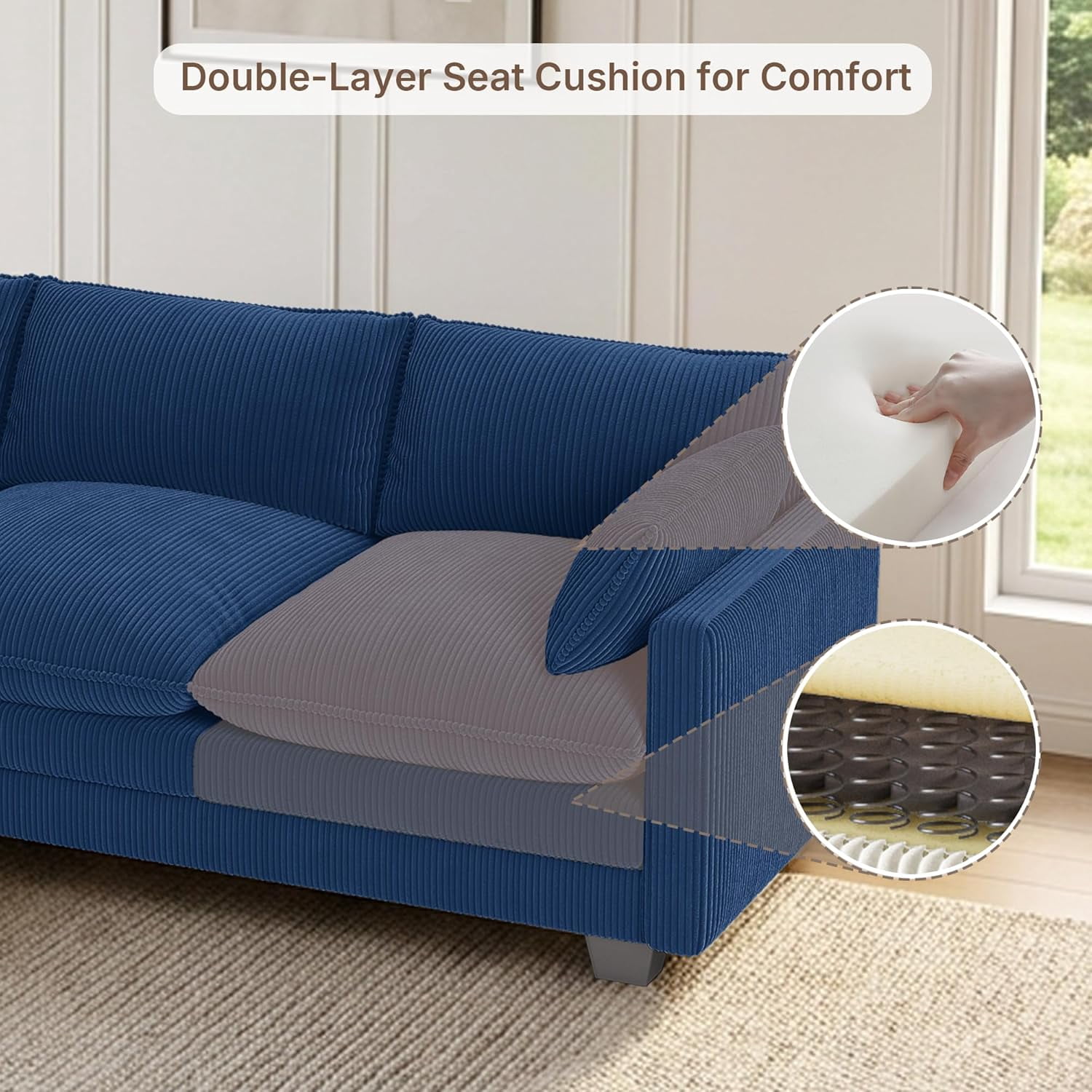 Noelse 110" L Shaped Sofa Couch Modular Sectional Cloud Couch with Movable Ottoman, 3-Seater Comfy Corduroy Deep Seat Sofa with 2 Pillows for Living Room, Bedroom, Blue, Clearance
