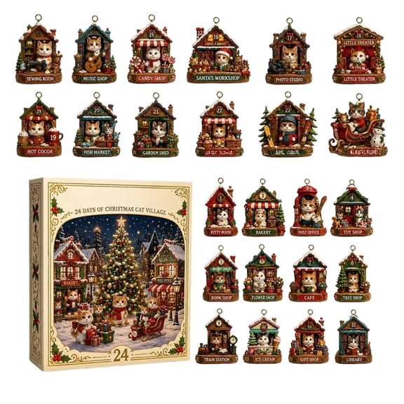 Cat Christmas Advent Calendar, 24 Days Countdown with Acrylic Kitten Ornaments, Reusable Holiday Calendar Decor for Christmas Tree, Desk and Window