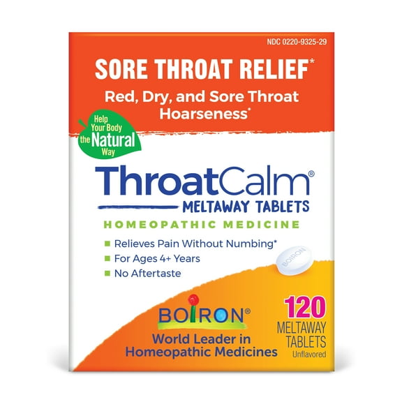 Boiron ThroatCalm, Homeopathic Medicine for Sore Throat Relief, Red, Dry, and Sore Throat, Hoarseness, 120 Meltaway Tablets