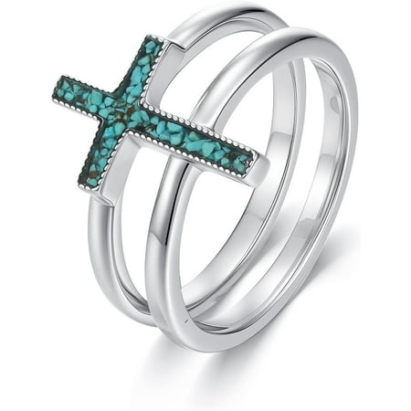 SOULMEET Raw Turquoise Cross Rings 925 Sterling Silver Cross Layered Pray Through It Ring Jewelry for Women