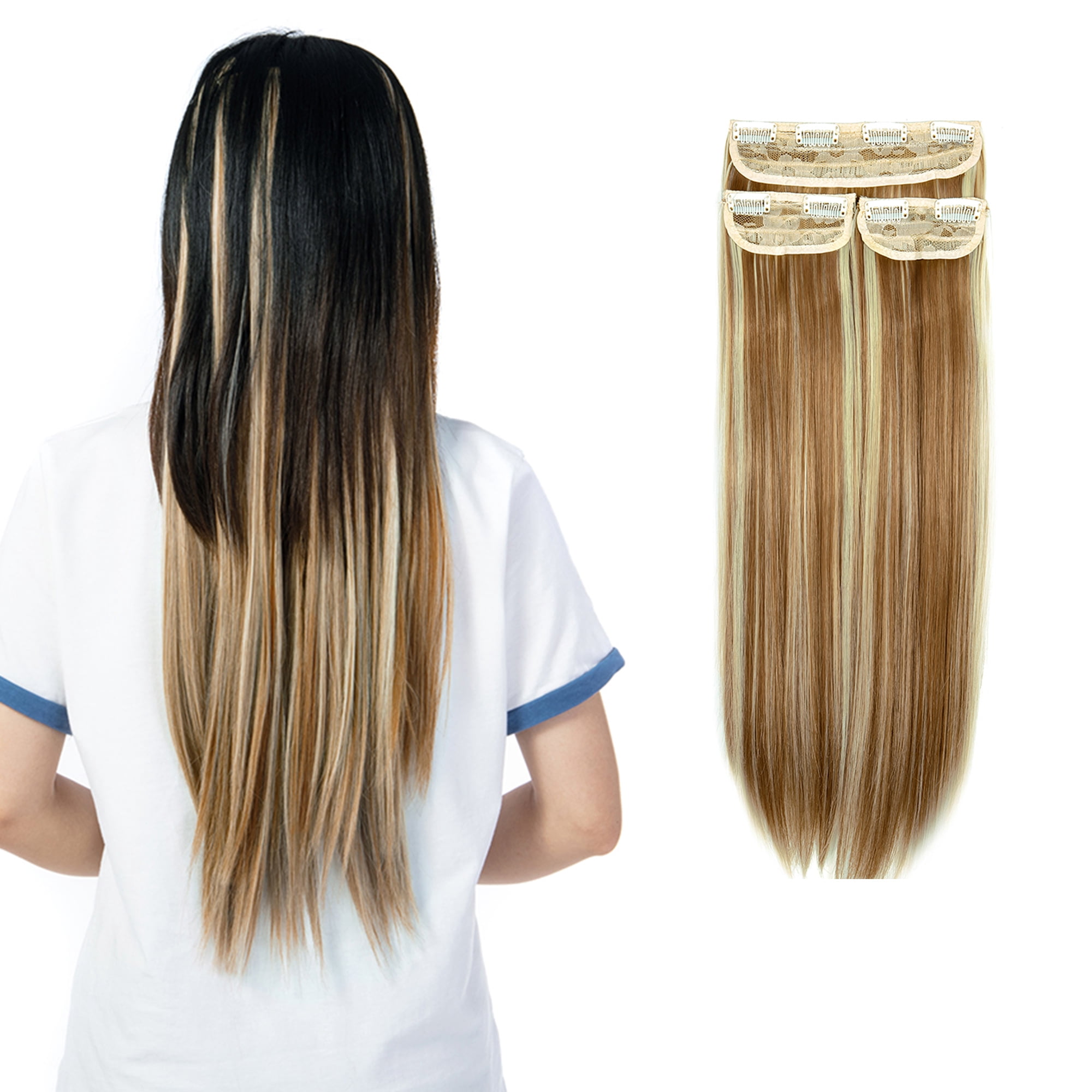 SHCKE Clip in Hair Extensions 18 Straight Hair Extension 3Pcs Ginger Brown Mix Bleach Blonde Clip On Hair Extensions Heat Resistant Synthetic Fiber Hair Pieces for Women