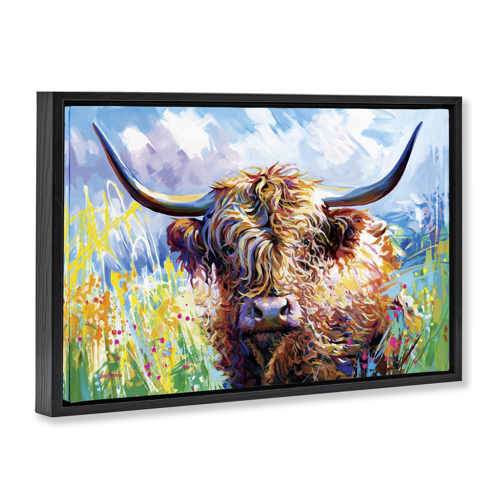 Stupell Industries Long Haired Highland Cattle Animals & Insects Painting Black Floater Framed Canvas Art Print Wall Art, 25 x 17