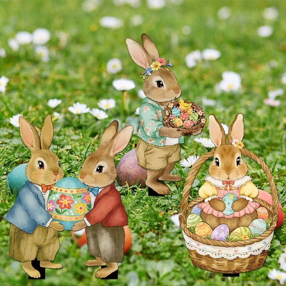 Bunny Yard Stake, Easter Yard Decorative Outdoor Indoor Garden Stake - 10 inch 2D Double Sided Garden Stakes Signs , Spring Holiday Party Decor, Bunny Egg Themed Yard Art Decorations D, 2Pcs