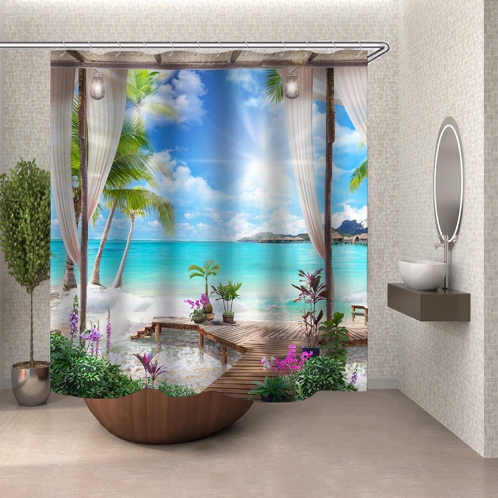 72x72'' Sunny Beach Shower Curtain Fabric Waterproof Bathroom 12 Hooks 9033 
