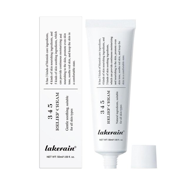 crema calmante 345 para la reparación facial, mejora las imperfecciones de la piel — Tubo blanco de 50 ml, vista frontal centrada con tapa desenroscada; texto vertical negro y logotipo en la base; envase indicado para piel sensible, grasa y con tendencia acneica, fórmula sin fragancias ni colorantes. También adecuada como paso calmante dentro de la rutina hidratante facial.