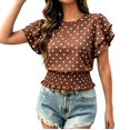 thumbnail image 3 of Women's 2026 New Crew Neck Polka Dot Print Layered Ruffle Hem Short Sleeve T Shirt, Elastic Waist Peplum Top, Casual Fashion Summer Daily Wear for Trendy Outfits Brown S, 3 of 6