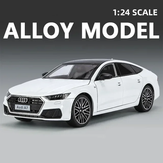 1:24 Audi A7 Toy Car Model Diecast Alloy Vehicle Miniature Pull Back Sound & Light Doors Openable Collection Gift For Boy Kid white no box