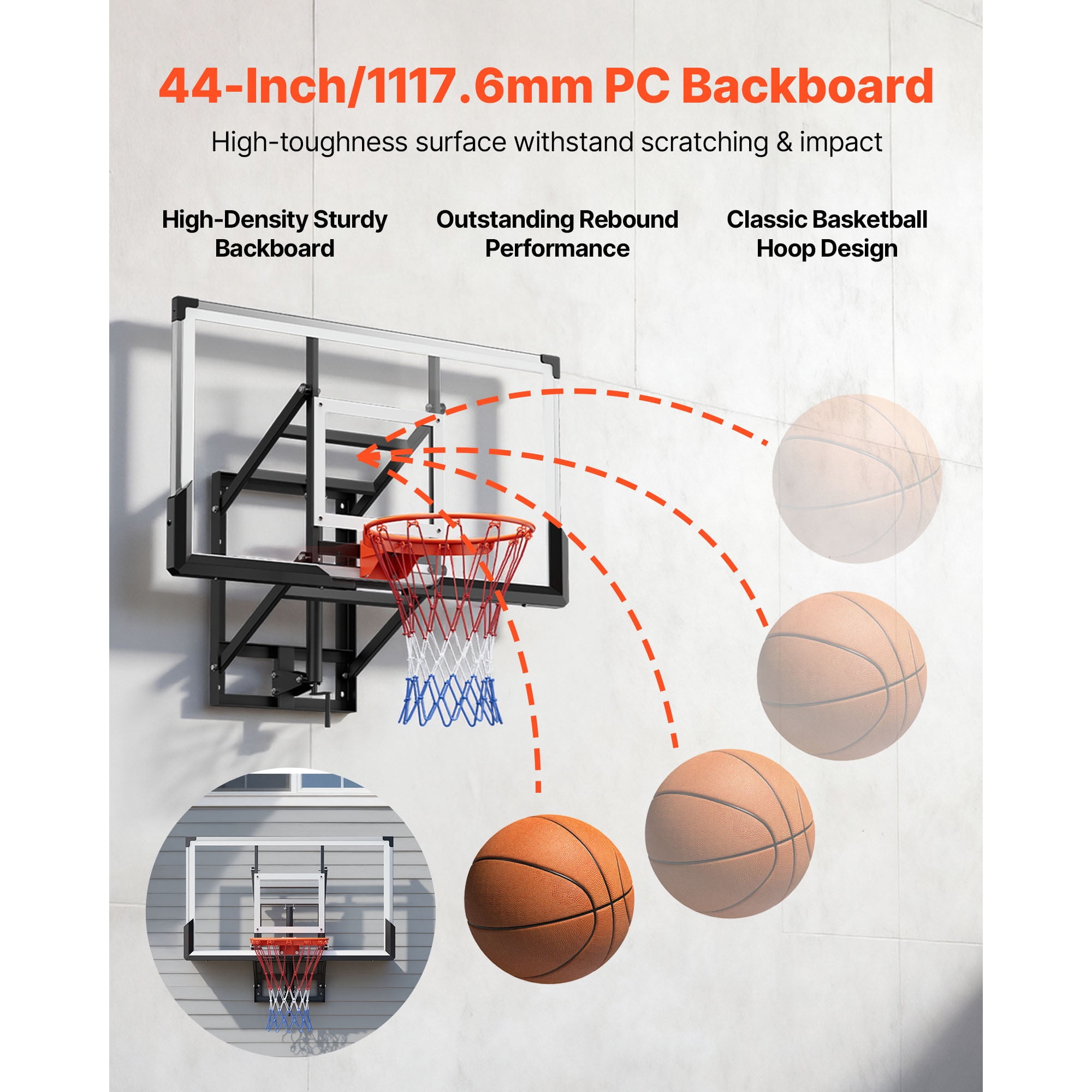 KFFKFF Wall-Mounted Basketball Hoop, 54-inch Polycarbonate Backboard with Hand-Crank Height Adjustment, Durable 0.11-inch Thick Backboard, Classic Design for Indoor and Outdoor Play