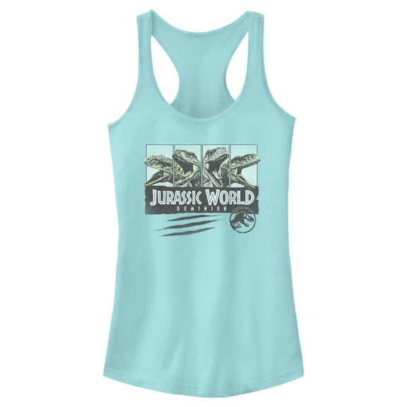 Junior's Jurassic World: Dominion Velociraptor Vintage Panel Scratch Racerback Tank Top Cancun Medium