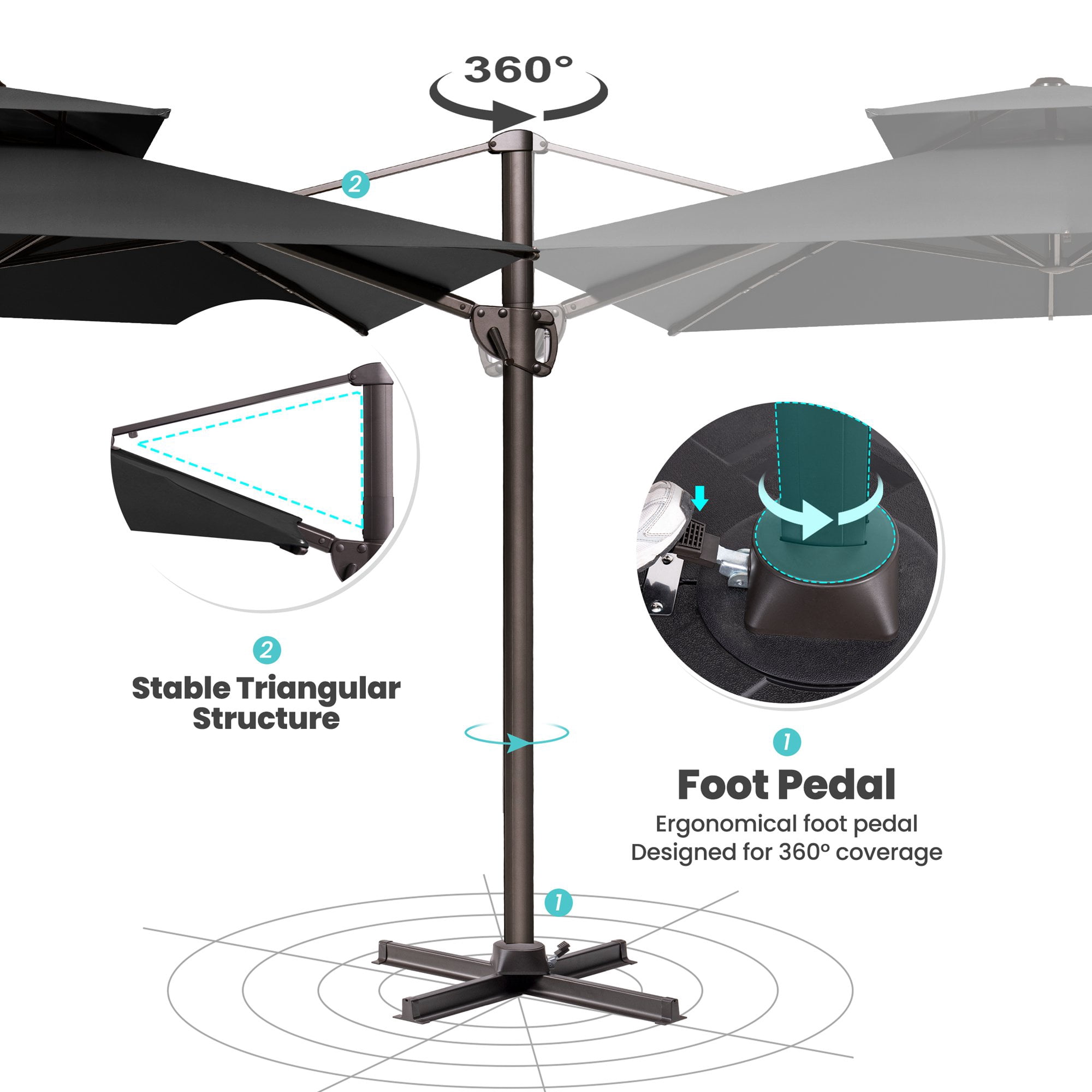 Pellebant 9 ft. x 12 ft. Rectangular Double Top Patio Cantilever Umbrella, Black