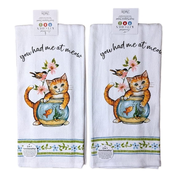Set of 2 YOU HAD ME AT MEOW Curious Kittens Terry Kitchen Towels Kay Dee Designs