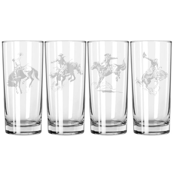 Set of 4 Highball 15 oz Tall Beverage Drinking Glass Tumbler Gift Bronco Buster Rodeo Western Cowboy Horses Collection