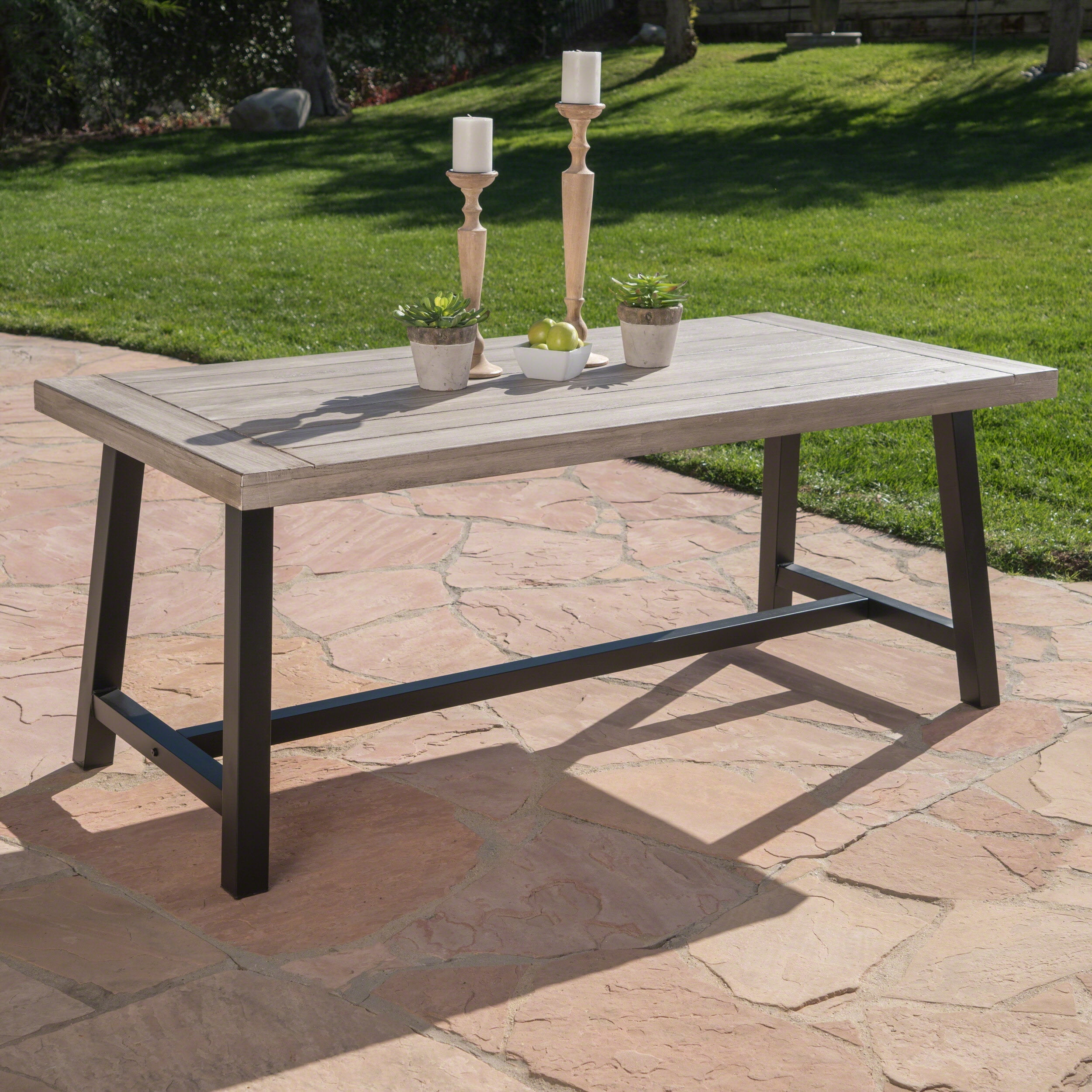 Dining Table, Outdoor Light Grey Sandblast Finish Acacia Wood Table for Patio Garden, Light Grey
