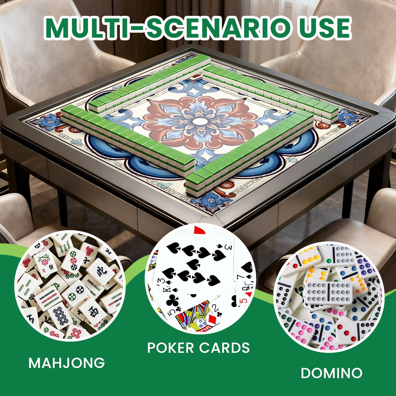 Mahjong Mat 31.5" x 31.5" Ornamental Geometric Tile Blue Terracotta Floral Motifs Non-Slip Noise Reduction American Mahjong Tiles Table Cover for Dominoes Poker Card Board Games Gift
