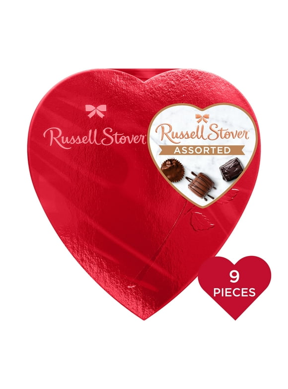 RUSSELL STOVER Valentine's Day Red Foil Heart Assorted Milk & Dark Chocolate Gift Box, 5.1 oz. (9 pieces)