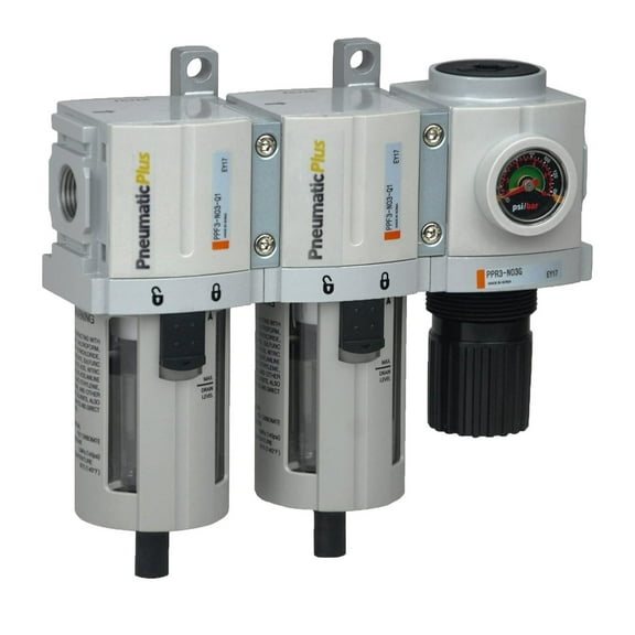 PPC3C-N02G 3 Stage Compressed Air Drying System- Particulate Air Filter, Coalescing Filter & Air Pressure Regulator Combo 1/4" NPT (High Flow), Bowl with Guard, Manual Drain