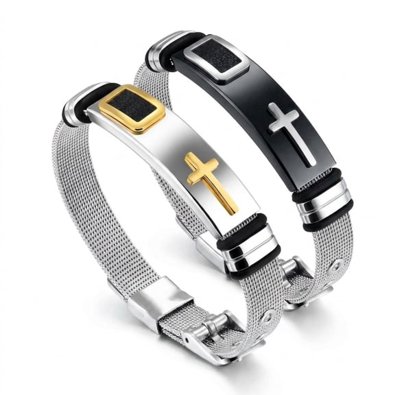 Beacozofu Men's Cross Bracelet, Stainless Steel Mesh Wristband, Silver & Black/Gold Tone