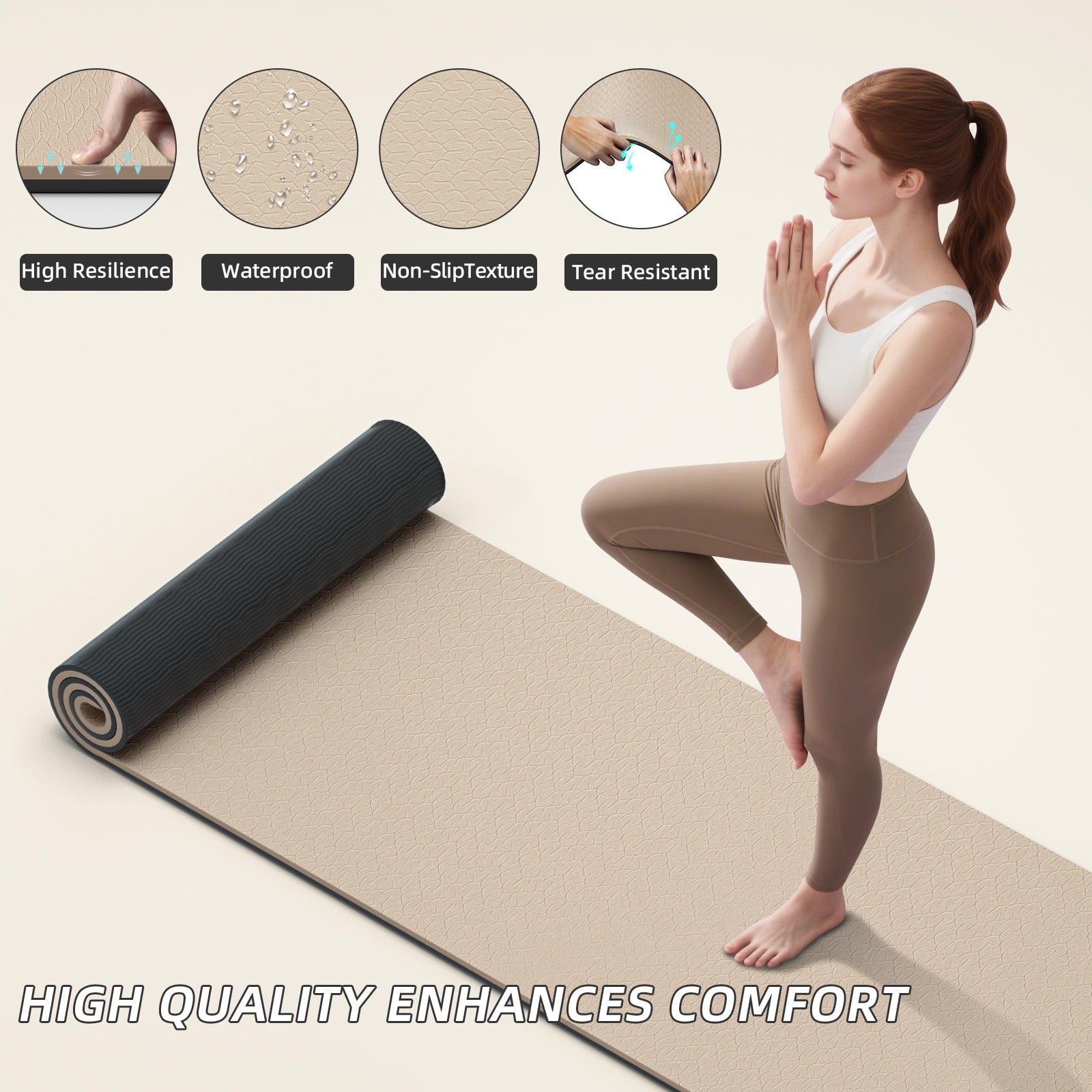 BAIMA Large Yoga Mat Thick Extra Wide and Long, Roll-up Pilates Mats, Eco TPE Double-Sided Exercise Pad with Carry Strap(Milkcoffee+Black)