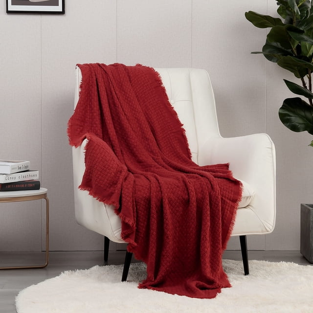 Manta CREVENT Farmhouse Knit 127 x 152 cm, suave y acogedora, color rojo