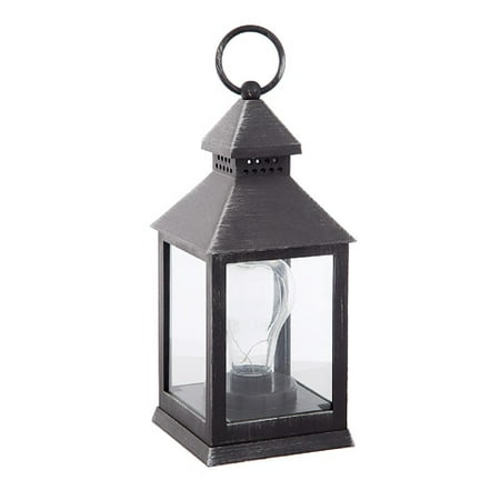 Brushed Silver & Black Lantern w/ LED Lightbulb: 9.5 inches