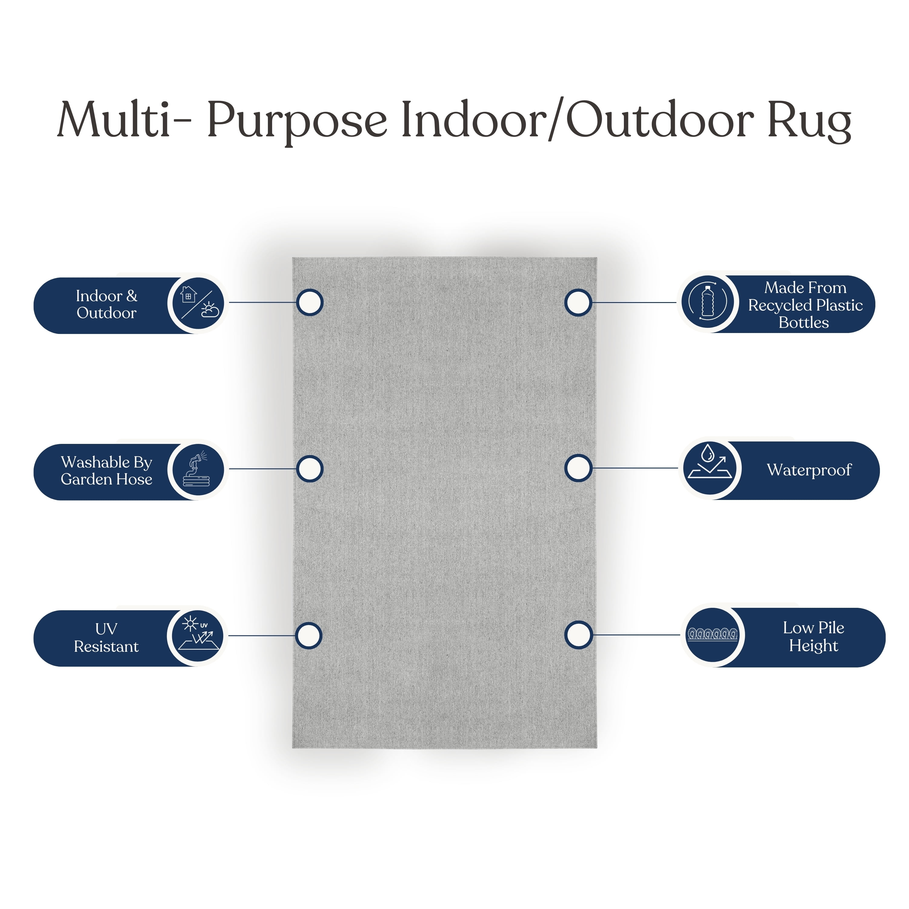 Delara Light Grey 6' x 9' Indoor Outdoor Area Rug, Non-Shedding, Hose Washable, Easy Clean