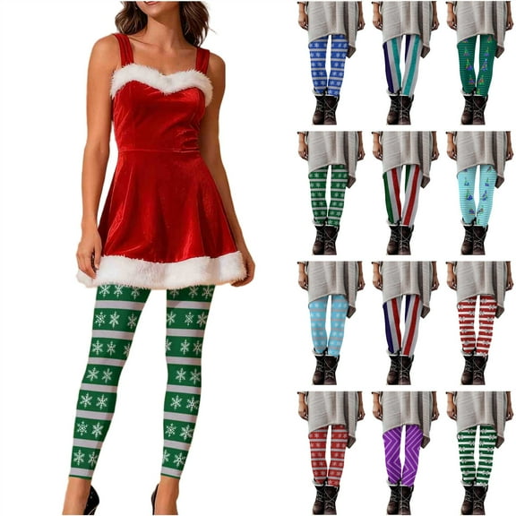 QIUOMBBP Green Women's Christmas Stripe Printed Leggings Elastic High Waisted Yoga Pants Casual Tight Bottom Trousers L
