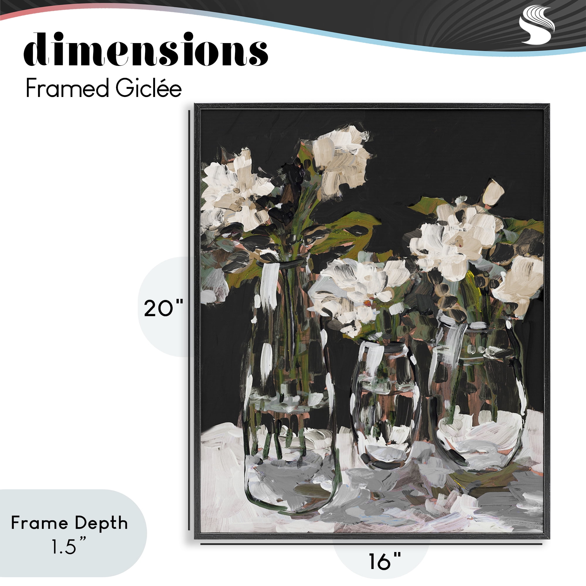 Stupell Industries Three Flower Vases on Black Black Framed Giclee Art, design by Jane Slivka