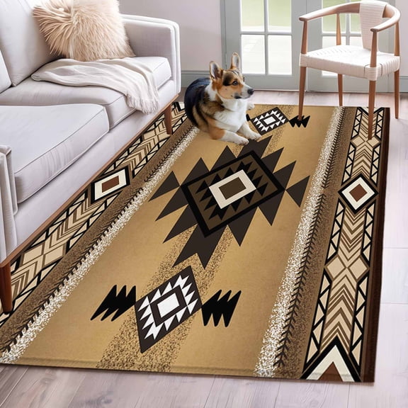 Area Rug for Living Room, Brown Southwest Non-Slip Indoor Large Carpet for Bedroom/Dining Room, Boho Aztec Ethnic Abstract Geometric Washable Low-Profile Rectangle Floor Mat Runner Rugs - 3 x 5 Ft