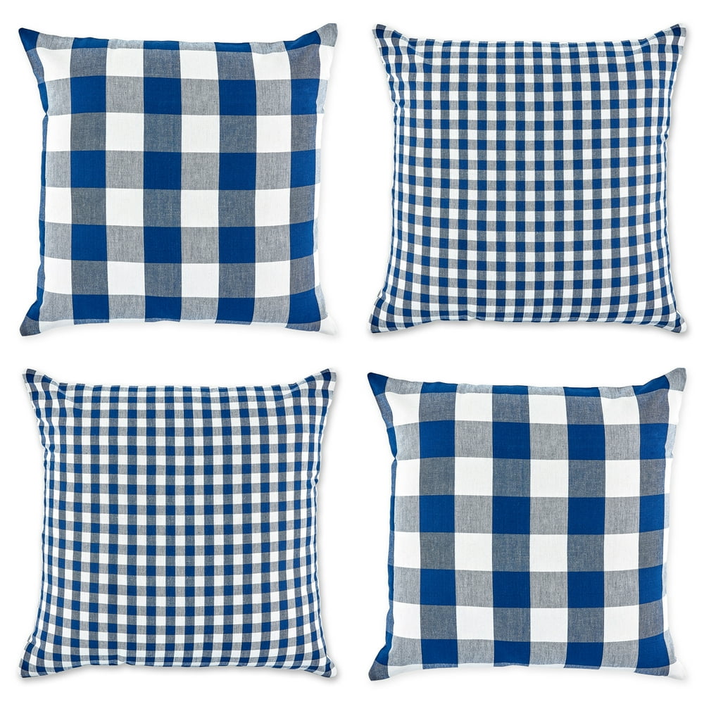 Set of 4 Blue and White Gingham and Buffalo Check Pillow Cover, 18 ...