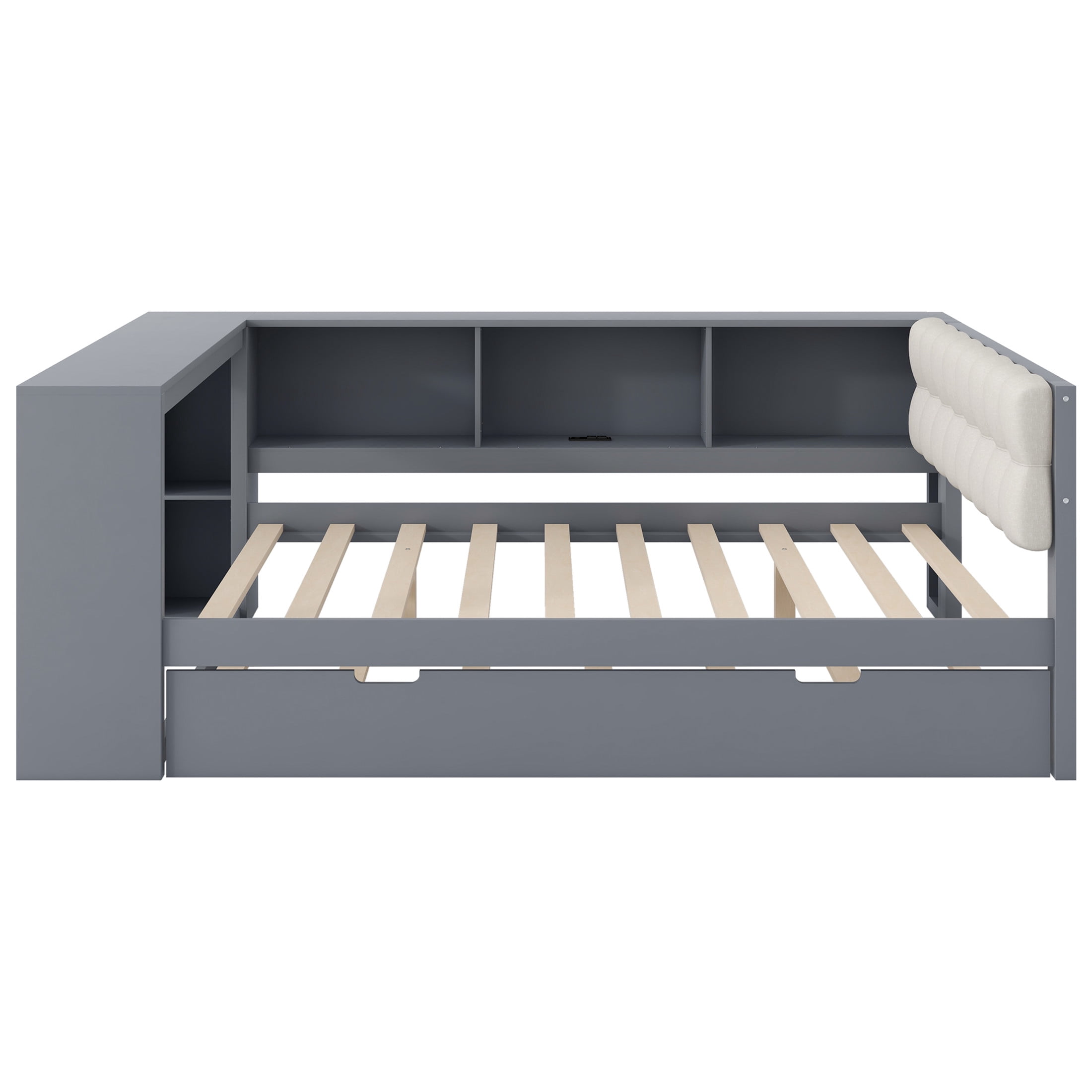 Noble House Full Wooden Platform Bed, Upholstered Headboard, Storage Shelves, Charging Station and Trundle, Gray