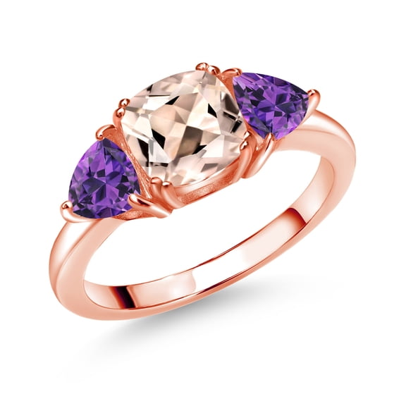Gem Stone King 18K Rose Gold Plated Silver Peach Morganite and Purple Amethyst 3 Stone Engagement Ring for Women (2.10 Cttw, Gemstone October Birthstone, Size 9)