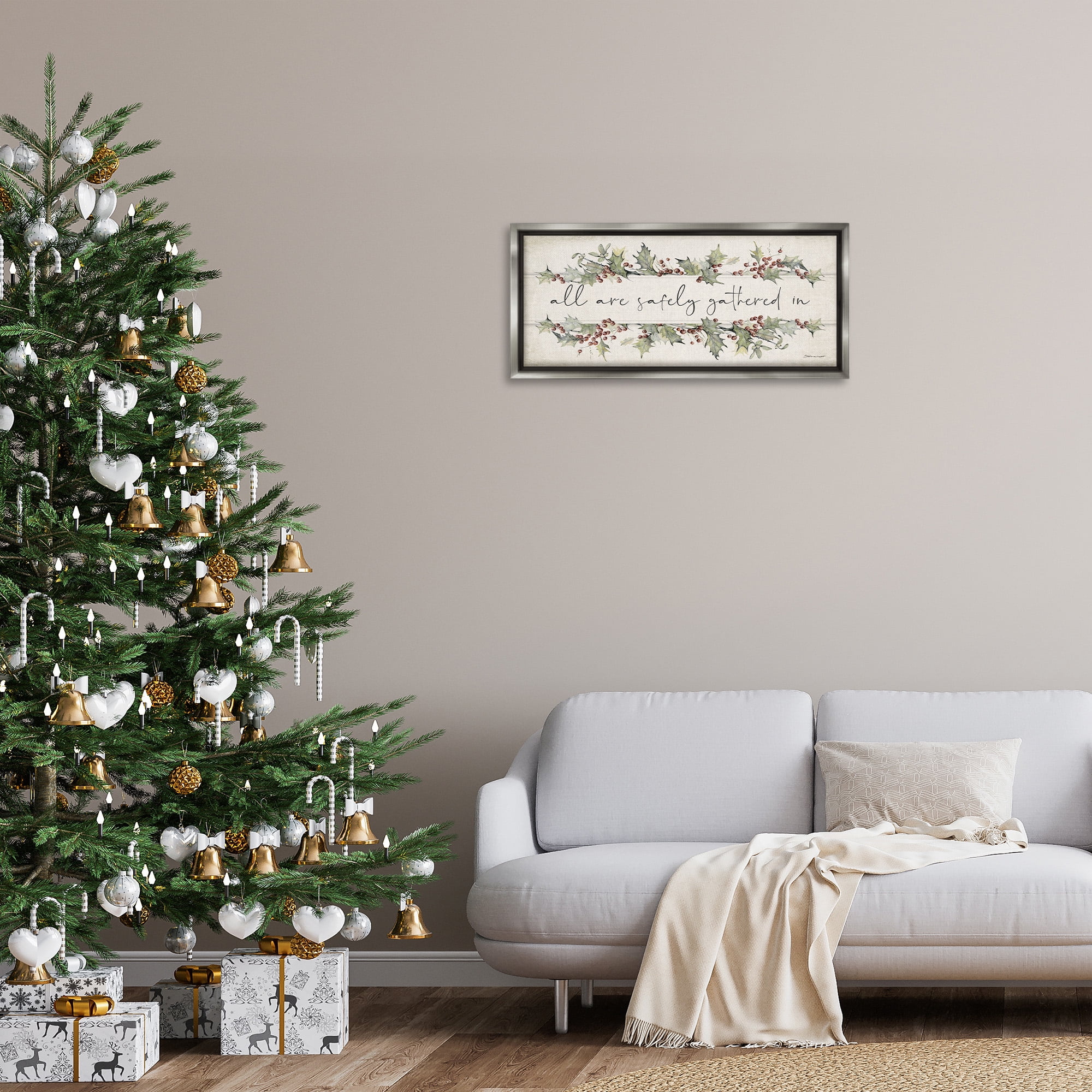 Stupell Industries All Safely Gathered Phrase Holiday Painting Gray Floater Framed Canvas Art Print Wall Art, 31 x 14
