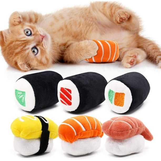 Lot de 6 jouets pour chat Sushi avec herbe à chat Sushi Roll Oreiller  Kitten Chew Bite Fournitures Soulagement de l'ennui Fluffy Kitty Dents  Nettoyage Chewing Cat Lovers Cadeau interactif en peluche 