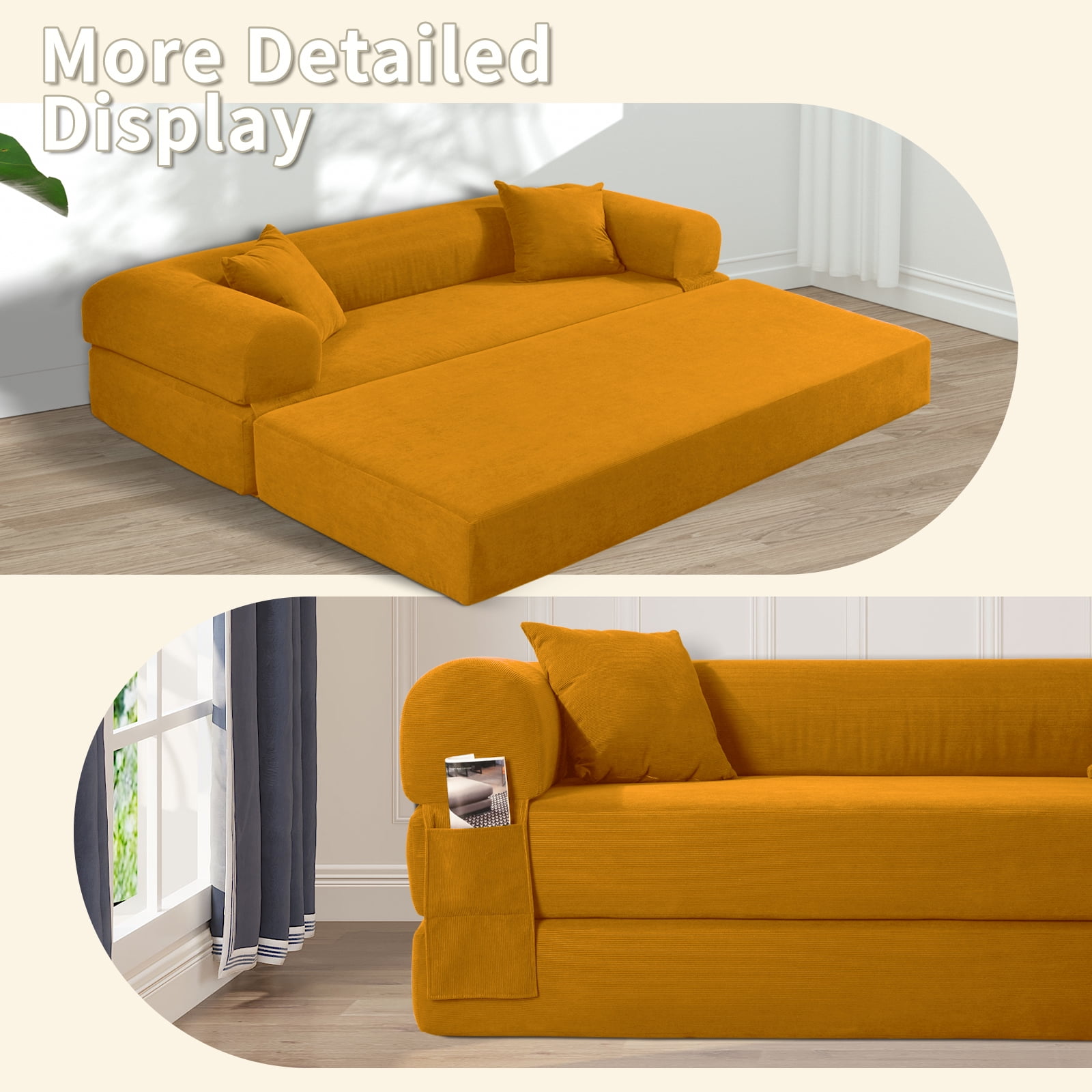 3 in 1 Convertible Sofa Bed, 80" Corduroy Folding Pull Out Couch with 2 Pillows, Floor Sofa with Side Storage for Living Room, No Assembly Modern Boneless Couch Compression Sofa, 30"W