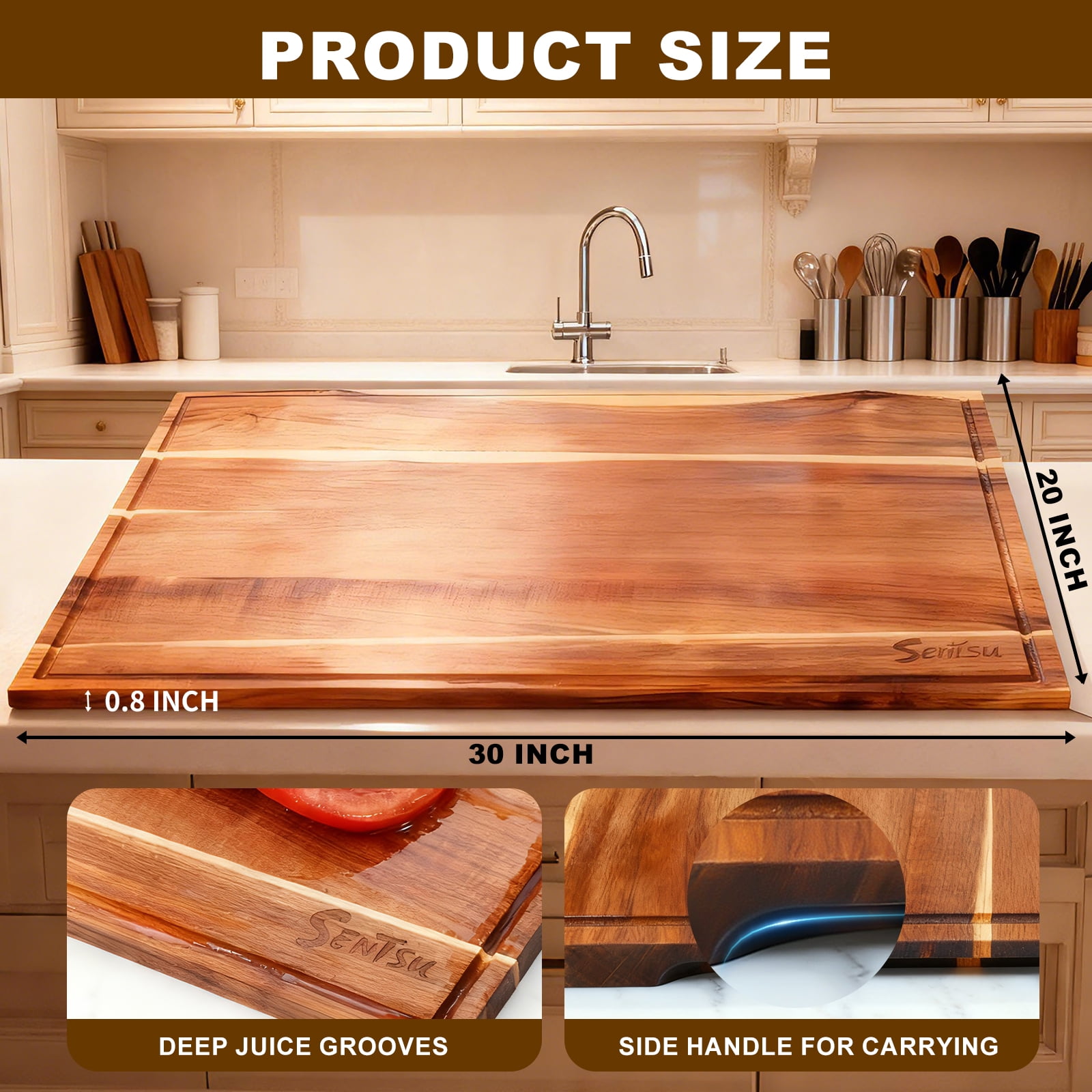 Sentsu 30x20 Acacia Wood Cutting Board, Extra Large Wooden Butcher Block for Kitchen Prep, BBQ and Charcuterie Serving