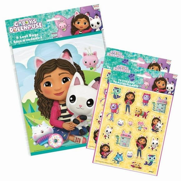 Gabby's Dollhouse Ensemble de Fête d'Anniversaire - Produit sous Licence Officielle, 16 Articles au Total : 2 Paquets d'Autocollants (8 Autocollants au Total) et 8 Sacs-Surprises - Valeur Imbattable pour une Planification de Fête Sans Stress!
