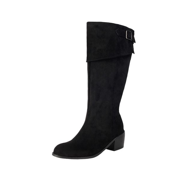 Black Ladies Boots With Suede Upper Belt Detail Block Heel Sturdy Construction Versatile For Casual And Dressy Looks