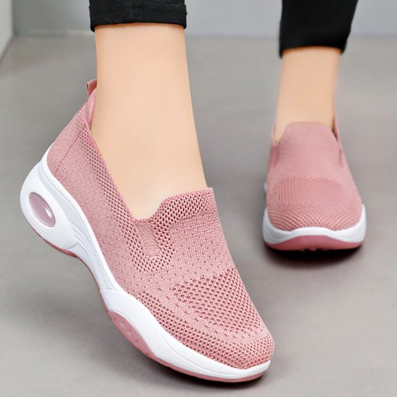 Domuza orthopedic shoes for women,Thick Sole Breathable Fly Woven Arch Support Shoes, Lightweight Height Increasing Slip On Casual Walking Sneakers Pink 6.5(EU-37)