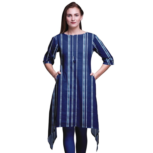 Bimba Kurti Asymétrique à Rayures Bleues Shibori pour Femmes Robe d'Été Indienne Tunique Large