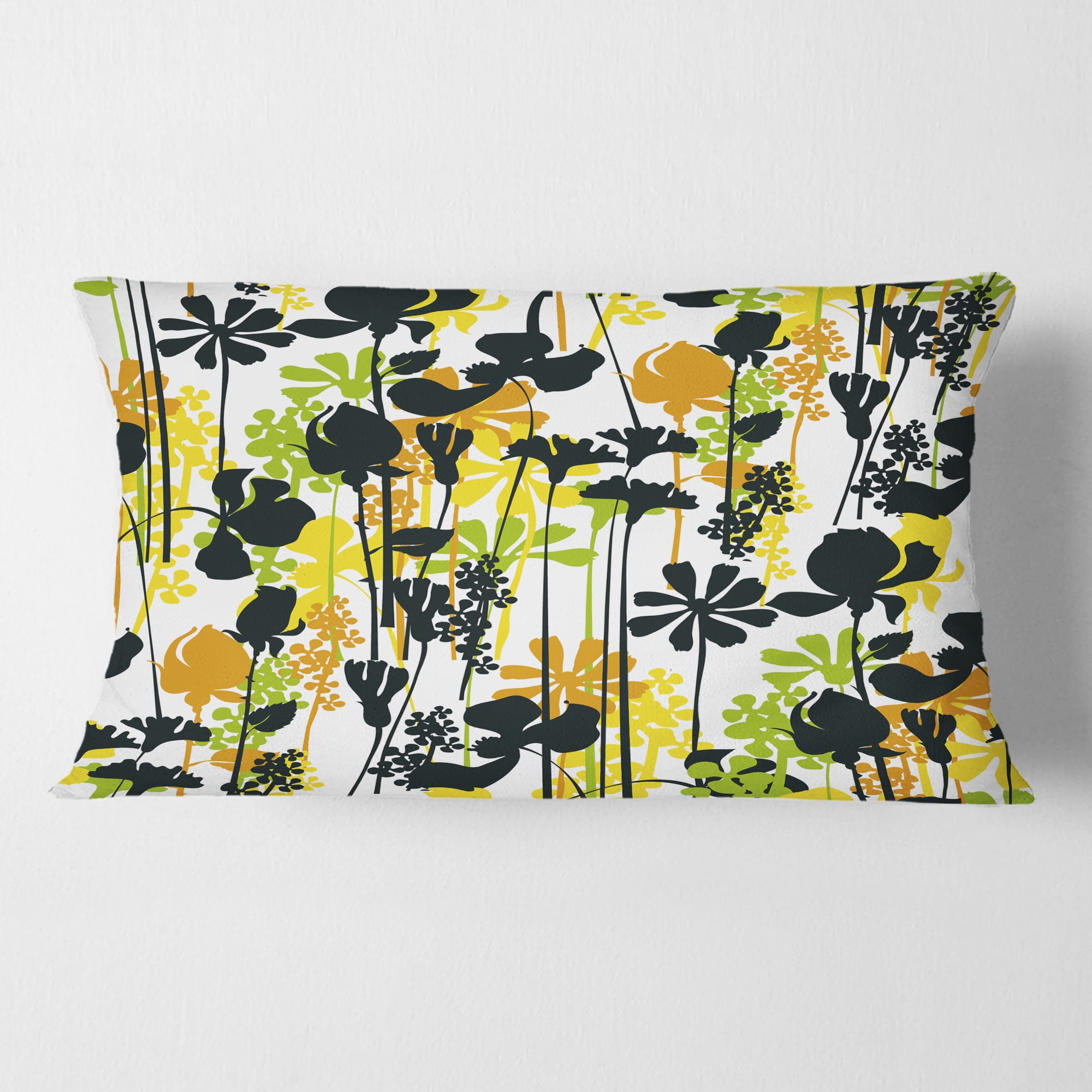 Designart Summer meadow pattern, black silhouettes' Mid-Century Modern Throw Pillow - 12x20