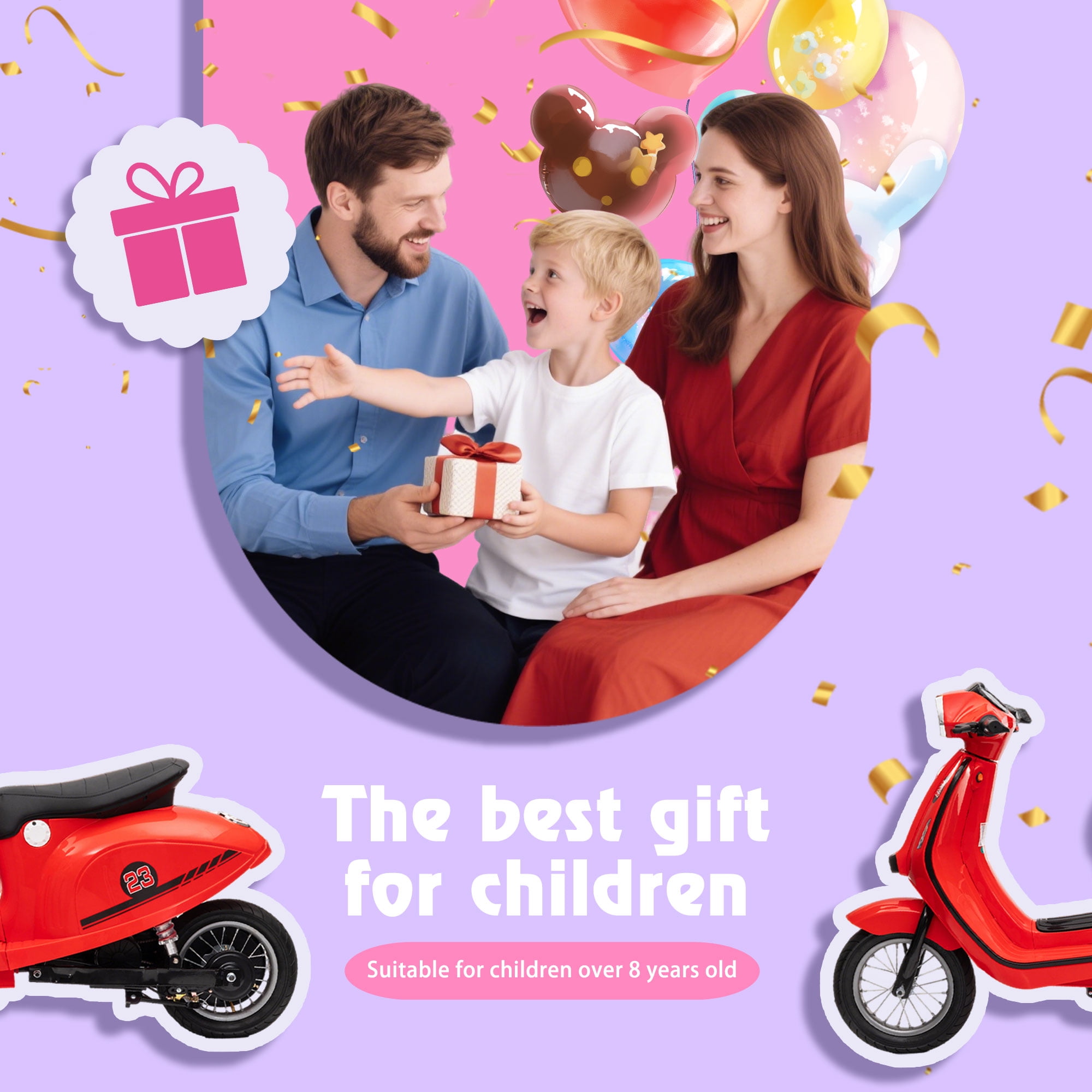Okybaby 24V Ride on Motorcycle, 250W Electric Motorcycle with Max Speed 10 Mph, Twist-Grip Throttle, 12" Air Tyre, MP3 Player, Bluetooth, Powered Ride on Toy Car for Aged 8+, Red