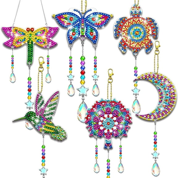 6 Pcs Diamond Painting Suncatchers Double Sided Diamond Art Suncatcher Mandala 5D DIY Diamond Painting Wind Chimes Paint by Number Diamond Art Kits for Adults Hanging Ornaments