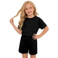 thumbnail image 6 of LIIPEE Girls Outfit Sets Casual Solid Color Loose Fit Short Sleeve Crew Neck Tee Tops Pockets Drawstring Shorts 2 Piece Set Kids Children Comfortable Breathable Cute Clothing,Black,12-13 Years, 6 of 6