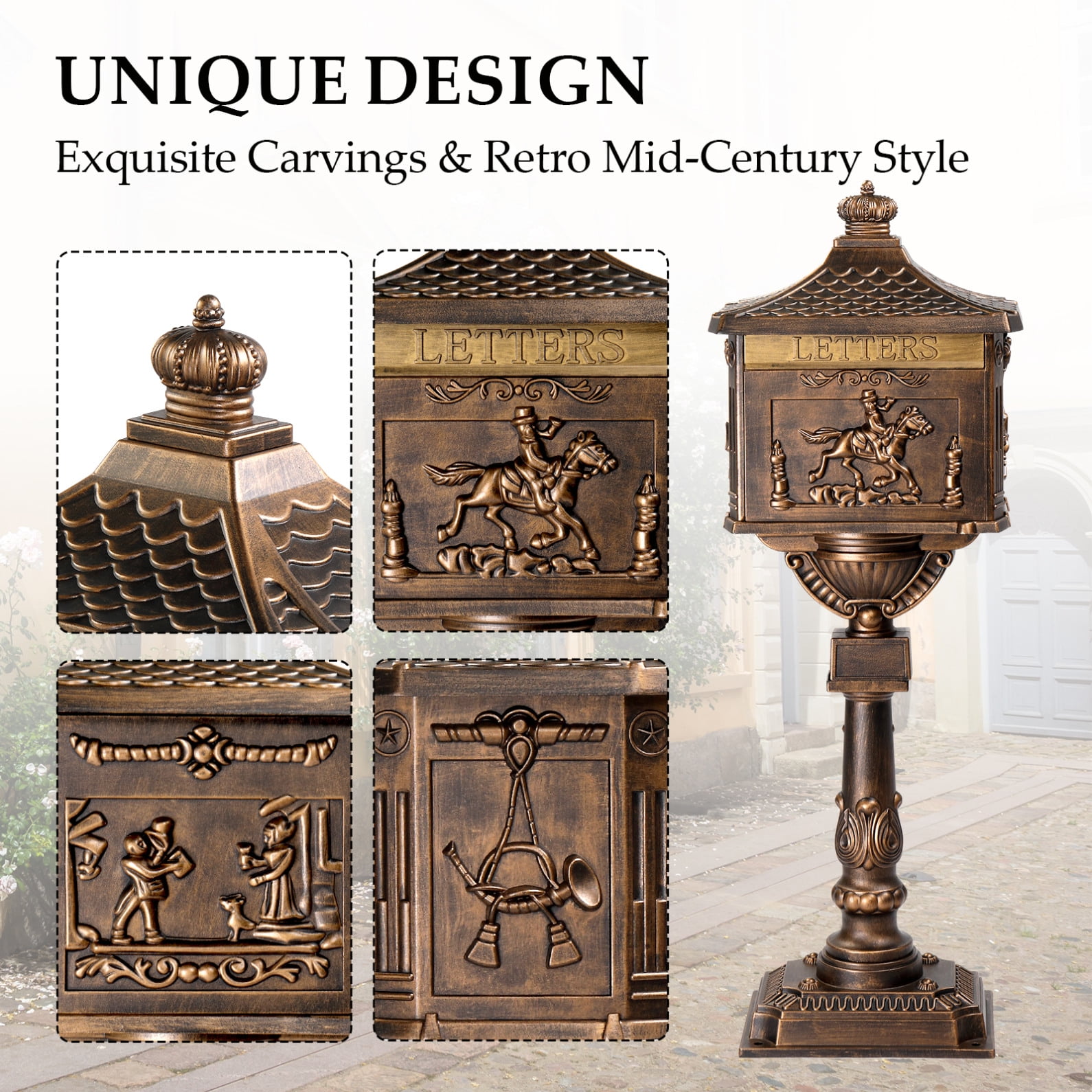 Cast Aluminum Mailbox with Post, Heavy Duty Postal Box with 2 Keys, Baffle Door, Address Panel, Stable Base, In-Ground Large Security Mailbox for Outside (Antique Bronze)