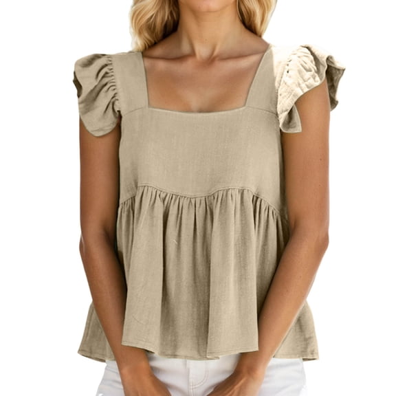 DHFJKG T Shirts For Women Cute Square Neck Sleeveless Ruffle Loose Fit Summer Beach Crop Top Flared Hem Trendy Tops