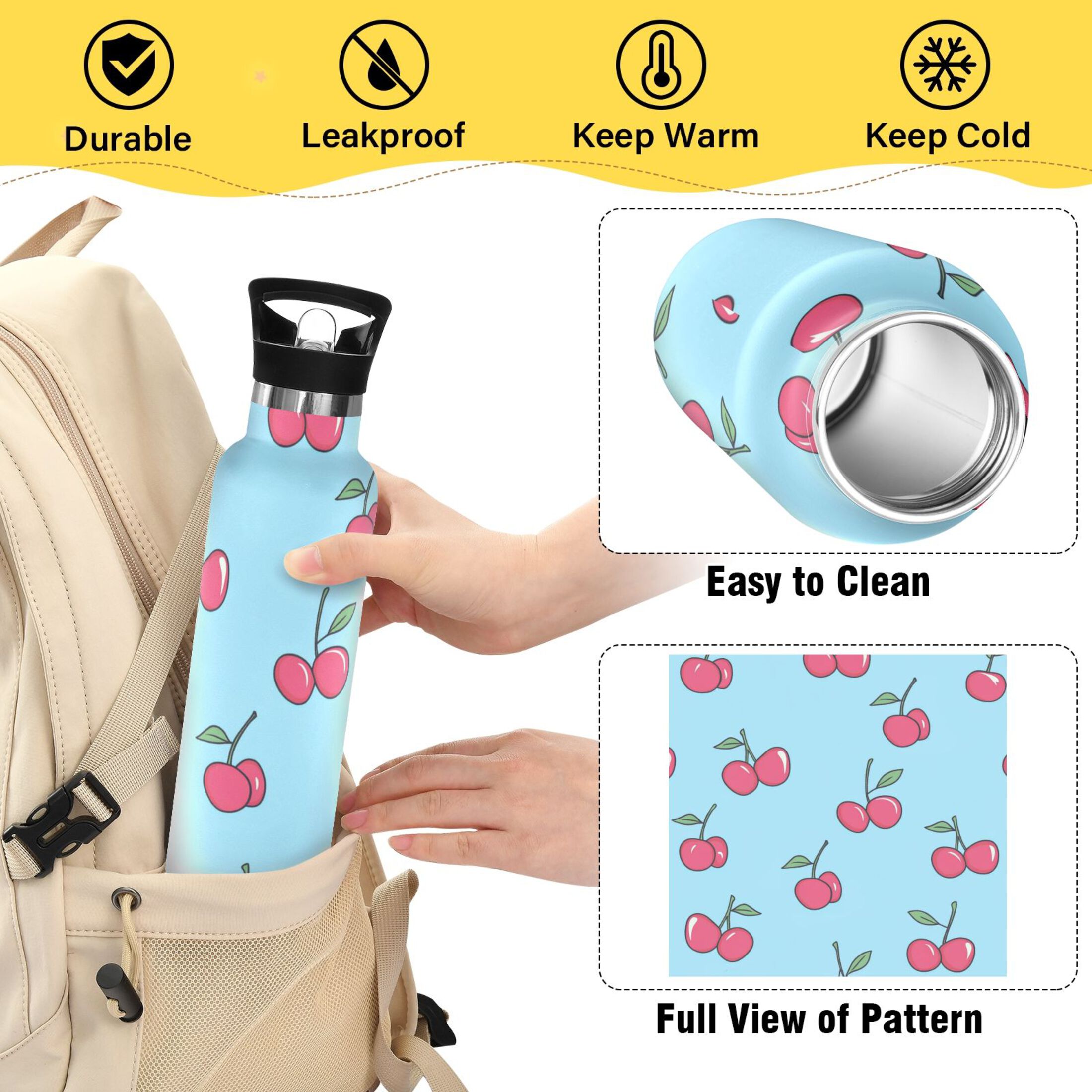 Kids Insulated Stainless Steel Sports Water Bottle 600ml (20oz) Cartoon Cherry Pattern