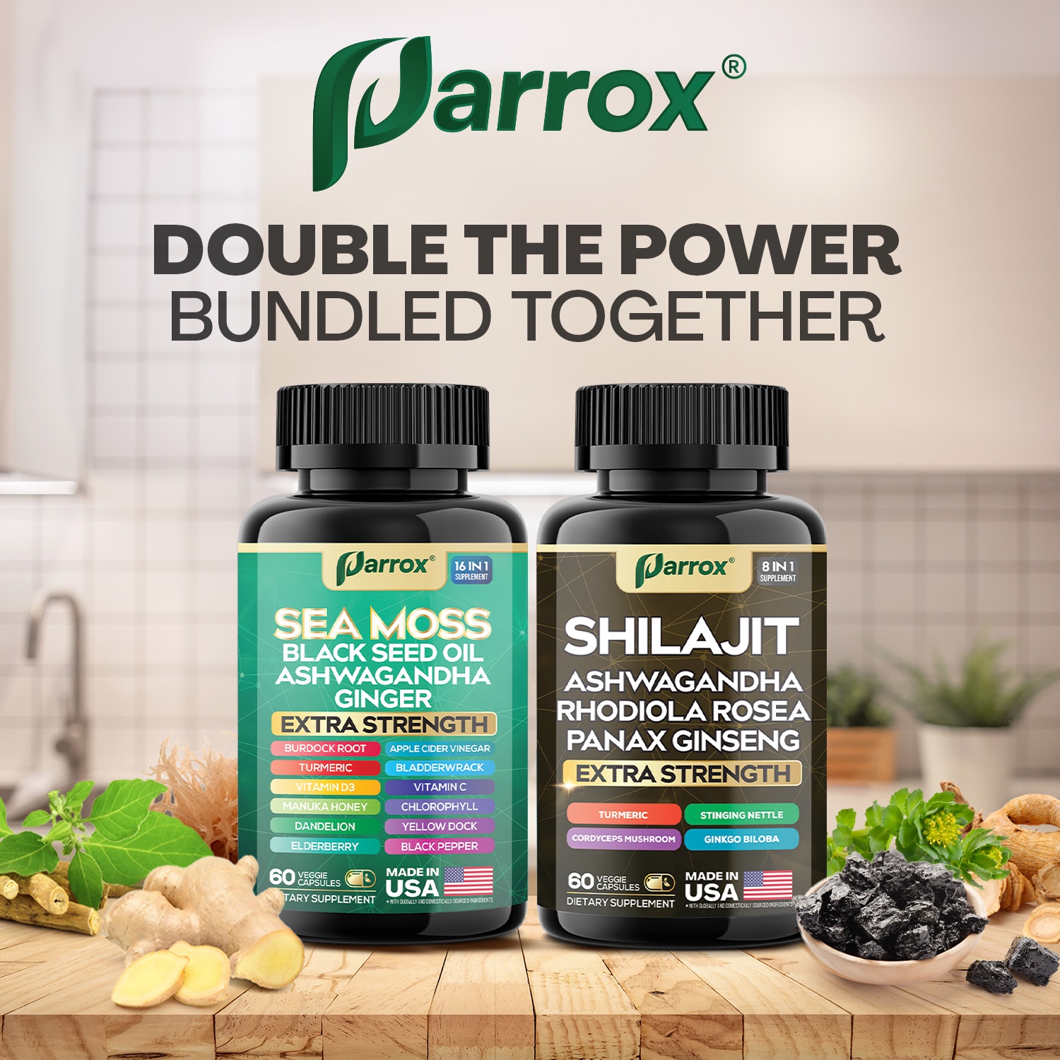 Dynamic Vitality Bundle, Sea Moss, Black Seed Oil, Ashwagandha, Ginger, Turmeric, Dandelion, Shilajit, Panax Ginseng, Rhodiola Rosea, Cordyceps Mushroom, All-in-One Supplements Duo (3 Pack)
